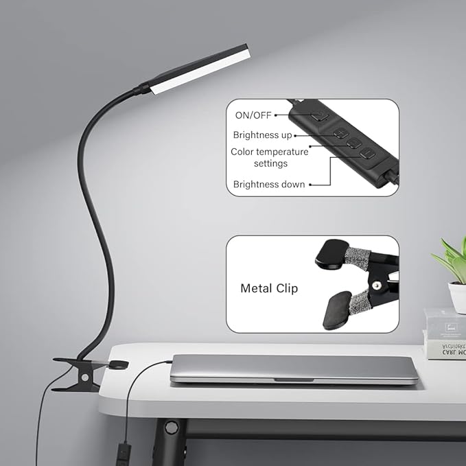 LED Desk Lamp with Clamp for Home Office, Dimmable Clip on Desk Light with USB Port, 3 Color Modes 11 Brightness Flexible Reading Lamp for Studying Working, Black