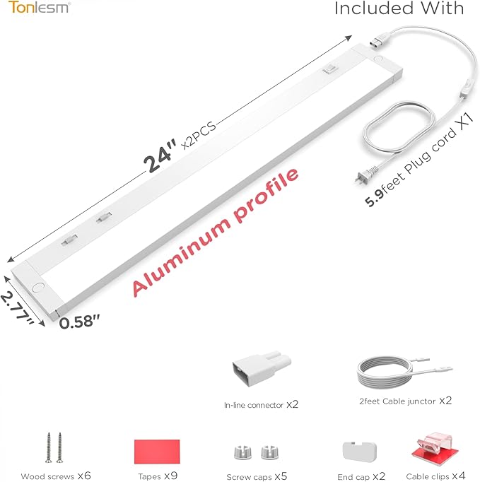 Under Cabinet Lighting Plug in, 24 Inch14W 120V Super Bright, 3 Color 3000K/4000K/5000K, 3 Brightness,Ultra Thin Under Counter Lights for Kitchen, Linkable LED Cabinet Lights, White 2Pack