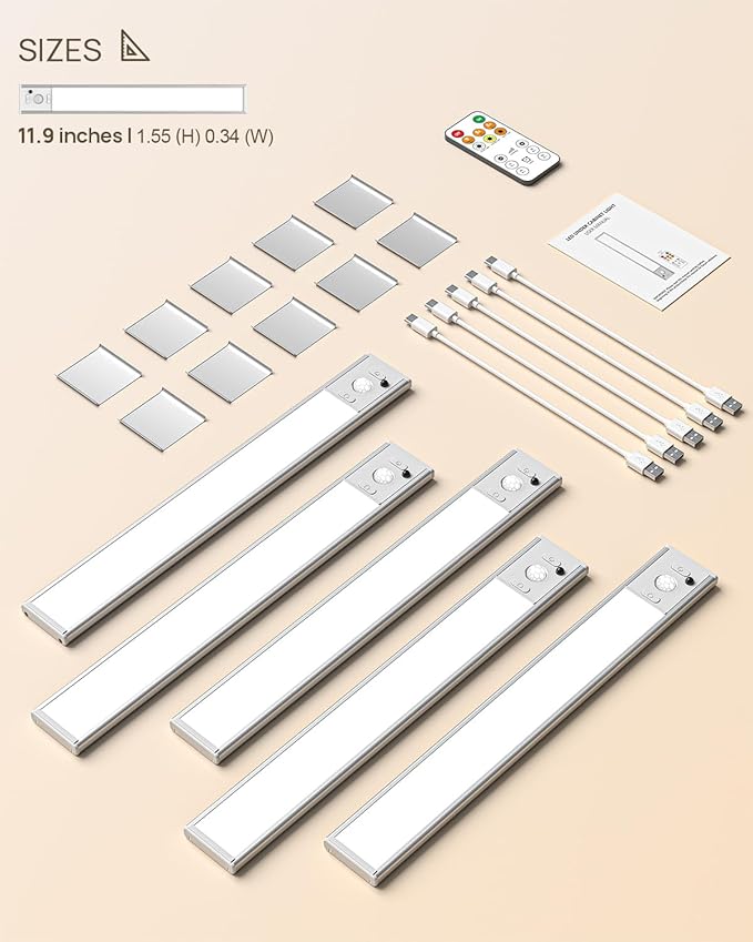 Under Cabinet Lights Wireless,Motion Sensor Light Indoor with Remote Control,2500mAh LED Rechargeable Battery Operated Closet Light,3 Color Temps,Under Counter Lights for Kitchen,Stairs,4 Pack