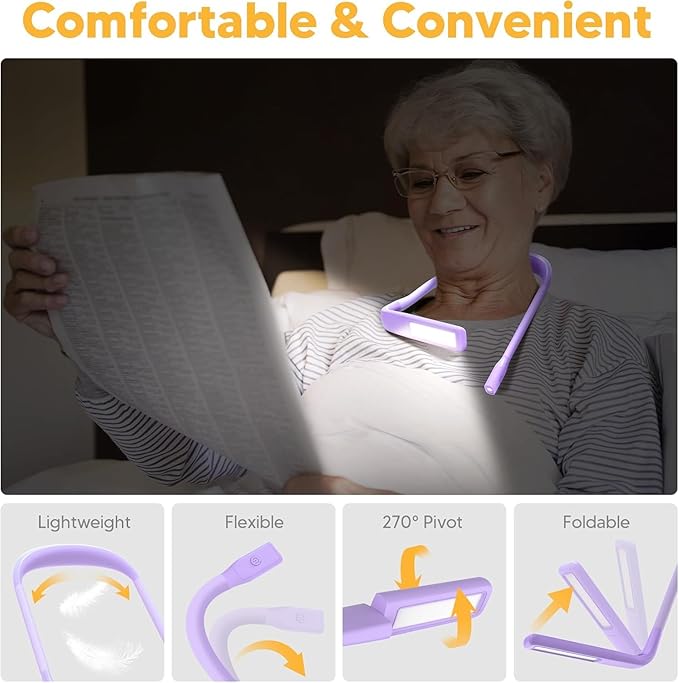 Purple Neck Light with Storage Case, 10-80Hrs Eye-friendly Book Reading Lamp, Knitting Crochet Sewing Craft Light Rechargeable Adjustable, Christmas Birthday Gifts for Book Lovers Knitters Crafters