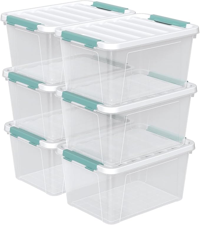 20 Quart Clear Storage Box, Set of 6 Plastic Latching Bins with Lids