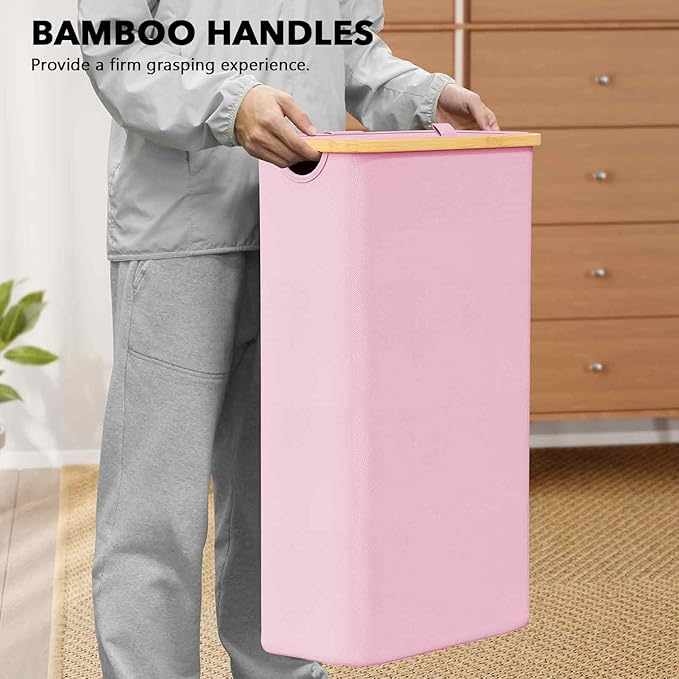 SpaceAid Slim Laundry Hamper with Lid, 65L Narrow Clothes Basket Bin with Bamboo Handles, Skinny Tall Collapsible Hamper for Bedroom, Bathroom, Dorm, Laundry Room - Pink