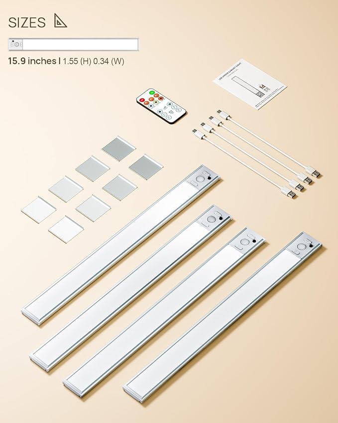 Under Cabinet Lights, 80 LED Motion Sensor Light Indoor,4000mAh USB Rechargeable Closet Light with Remote Control,3 Color Temps Wireless Under Counter Lights for Bedroom,Kitchen,Stairs,4 Pack