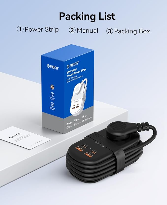 ORICO 65W GaN Travel Power Strip with 7-in-1 Charging Ports (3 AC Outlets/2 USB-A/2 USB-C), Flat Plug and 4FT Extension Cord, Fast Charger for MacBook Pro/Air, iPad Pro, iPhone 17/16/15 -AP3