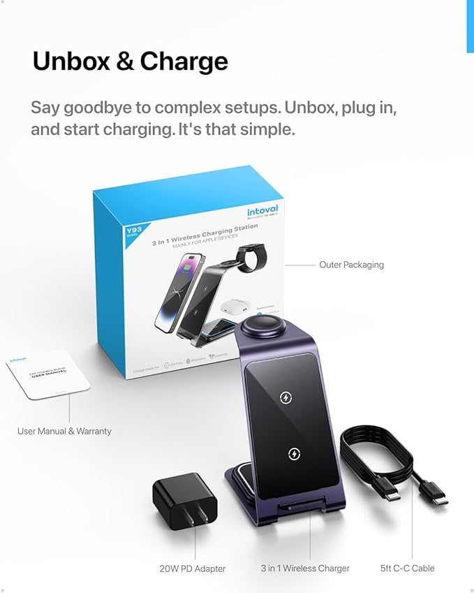 Intoval Aluminum 3 in 1 Wireless Charging Station for iPhone 17 16 15 14 13 12 11 Pro Max XR, Wireless Charger for Apple Watch 11 10 9 8 7 Ultra SE 3 2, Phone Charger for AirPods 4 Pro 2 3 (Purple)