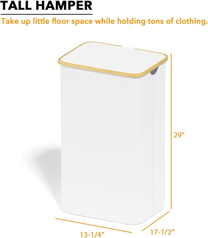 SpaceAid Laundry Hamper with Lid, 110L Large Tall Clothes Basket Bin with Bamboo Handles, Collapsible Laundry Hamper for Bedroom, Bathroom, Dorm, Laundry Room - White