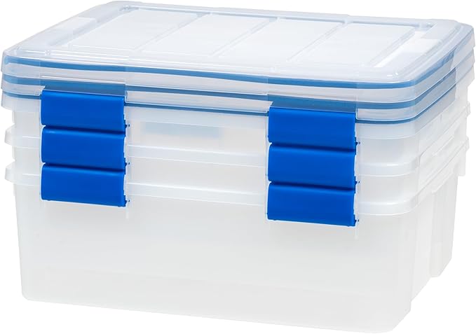 IRIS USA 26.5 Quart WEATHERPRO Plastic Storage Box with Durable Lid and Seal and Secure Latching Buckles, 3 Pack, Weathertight, Keep Pest Dust and Moisture Out, for Oversized Bulky Items, Clear/Blue