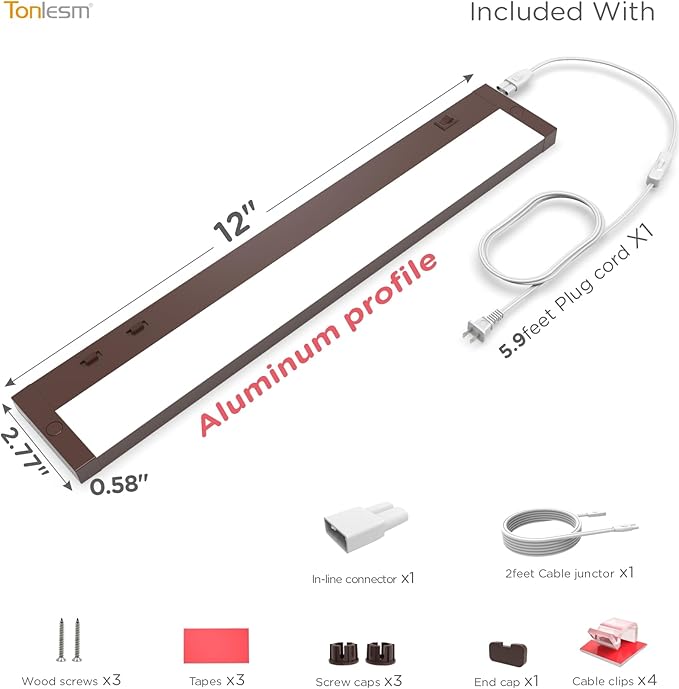 12 Inch Under Cabinet Lighting Plug in, 7W 120V 3 Color 3000K/4000K/5000K, 3 Brightness, Super Bright, Ultra Thin Under Counter Lights for Kitchen, Linkable LED Cabinet Light, Bronze