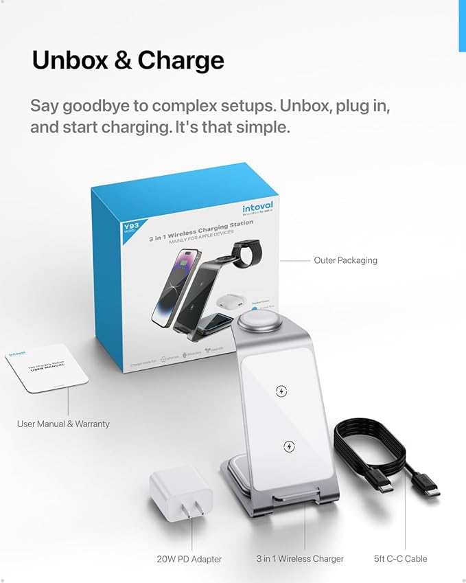 Intoval Aluminum 3 in 1 Wireless Charging Station for iPhone 17 16 15 14 13 12 11 Pro Max XR, Wireless Charger for Apple Watch 11 10 9 8 7 Ultra SE 3 2, Phone Charger for AirPods 4 Pro 2 3 (Silver)