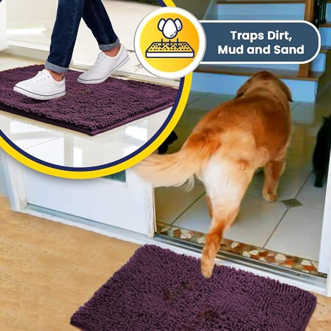 Muddy Mat® | Super Absorbent Door Mat Indoor, Microfiber Quick Dry Chenille Entryway Rug, Non-Slip Front Door Mat, Indoor Mats for Entryway, Machine Washable Pet Rug, Dark Purple 24" x 96"