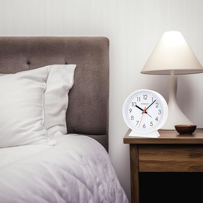 No Ticking Silent Alarm Clock,Easy to Read and Use,Ascending Sound,1 AA Battery Operated,Snooze Light,Bedside Desk Clock,White