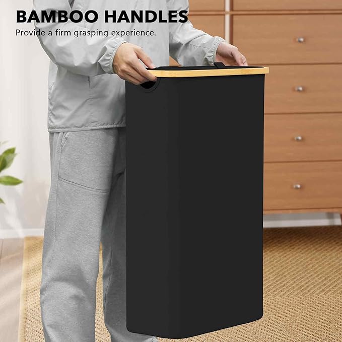 SpaceAid Slim Laundry Hamper with Lid, 65L Narrow Clothes Basket Bin with Bamboo Handles, Skinny Tall Collapsible Hamper for Bedroom, Bathroom, Dorm, Laundry Room - Black