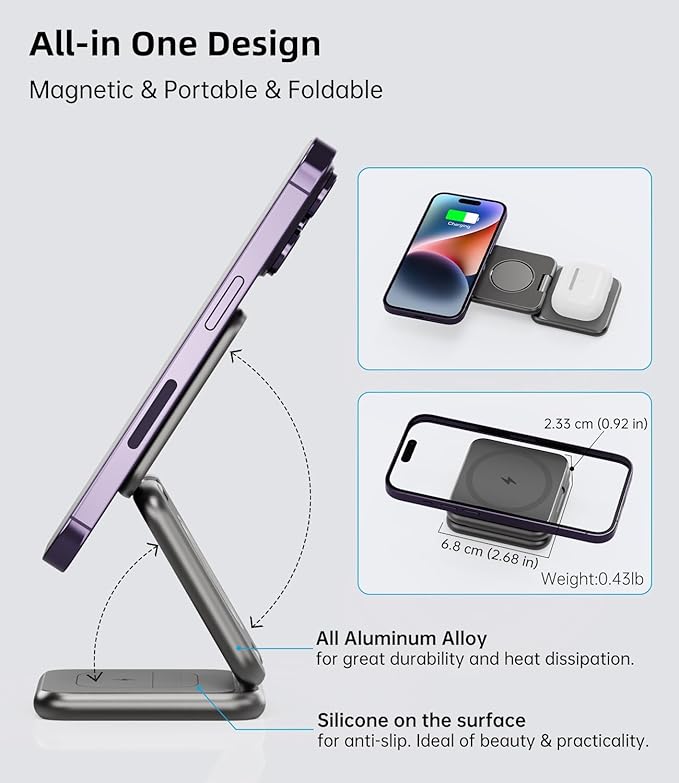 Foldable Magnetic Wireless Charger, KU XIU X40 Aluminum Alloy 3 in 1 Charging Station for Apple, Fast Magnetic Charger Stand for iPhone 17 16 15 14 13 12 Series, 5W for iWatch, AirPods 3/2/Pro, Gray