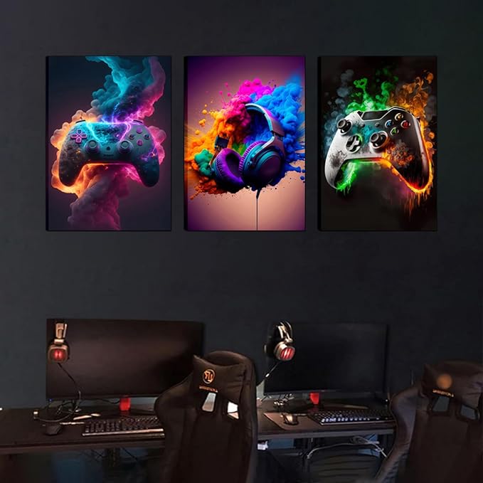 Gaming Room Decor Canvas Wall Art Set of 3 - Cool Video Gaming Theme Wall Decor, Gamer Paintings Picture Print for Teen Boys Room 12x16 inch Framed