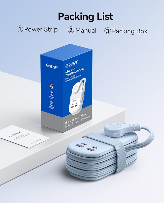 ORICO 65W GaN Travel Power Strip with 7-in-1 Charging Ports (3 AC Outlets/2 USB-A/2 USB-C), Flat Plug and 4FT Extension Cord, Fast Charger for MacBook Pro/Air, iPad Pro, iPhone 17/16/15- AP3