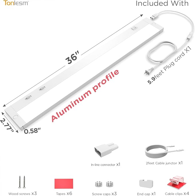 36 Inch Under Cabinet Lighting Plug in, 20W 120V 3 Color 3000K/4000K/5000K, 3 Brightness, Super Bright, Ultra Thin Under Counter Lights for Kitchen, Linkable LED Cabinet Light, White