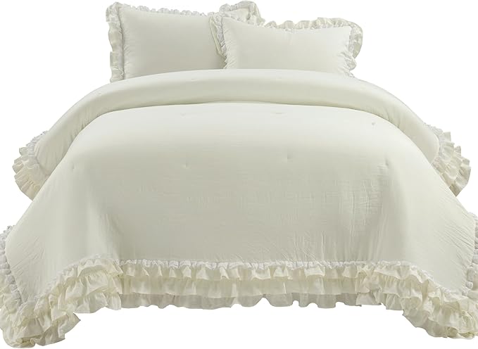 Lush Decor Ella Parisian Vintage Chic Ruffle Lace 3 Piece Comforter Set, Full/Queen, Ivory