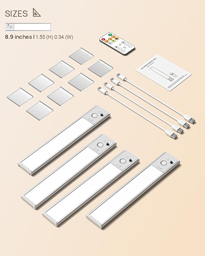 Under Cabinet Lights Wireless,Motion Sensor Light Indoor Closet Lights with Remote Control,3 Color Temps,LED Rechargeable Battery Operated,Under Counter Lights for Kitchen,Wardrobe,Stairs,4 Pack