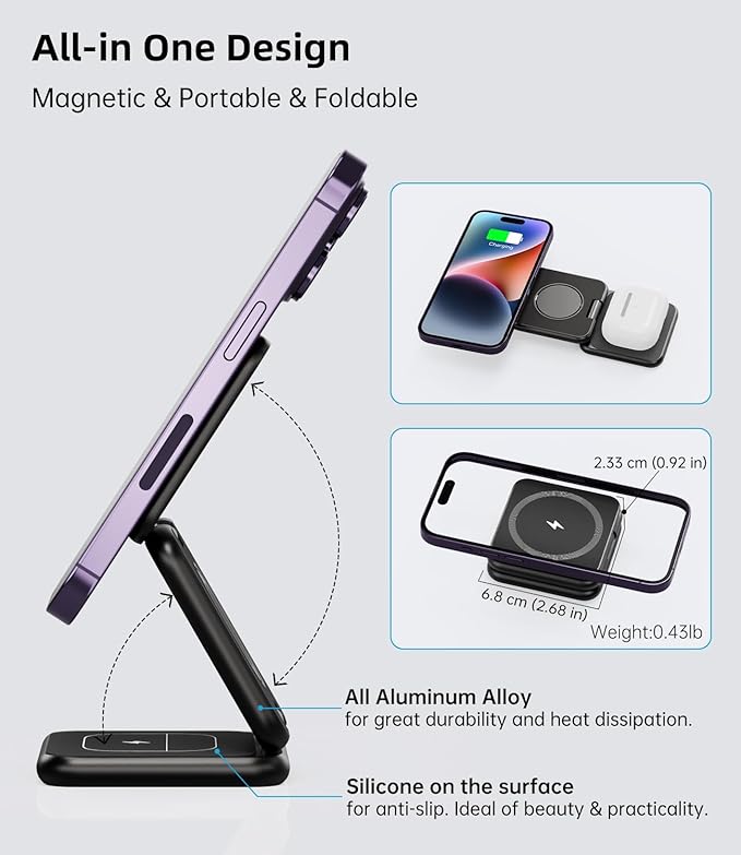 Foldable Magnetic Wireless Charger, KU XIU X40 Aluminum Alloy 3 in 1 Charging Station for Apple, Fast Charging Travel Charger for iPhone 17 16 15 14 13 12, 5W for Apple Watch & AirPods, Black