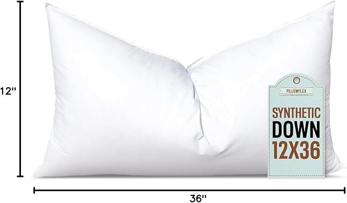 Pillowflex Synthetic Down Pillow Insert - 12x36 Down Alternative Pillow, Ultra Soft, Large Rectangle Body Sleeping Pillow, Lumbar, Long, Back - 1 Decorative Pillow Form