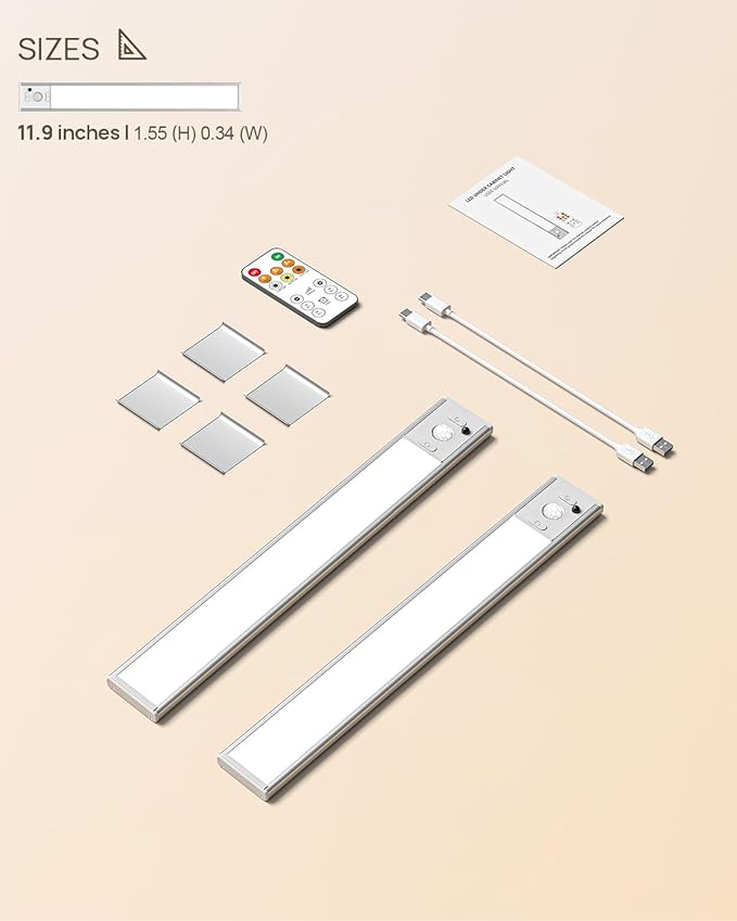 Under Cabinet Lights Wireless,11.9" Motion Sensor Light Indoor with Remote Control,2500mAh LED Rechargeable Battery Operated Closet Light,3 Color Temps,Under Counter Lights for Kitchen,Stairs,Wardrobe