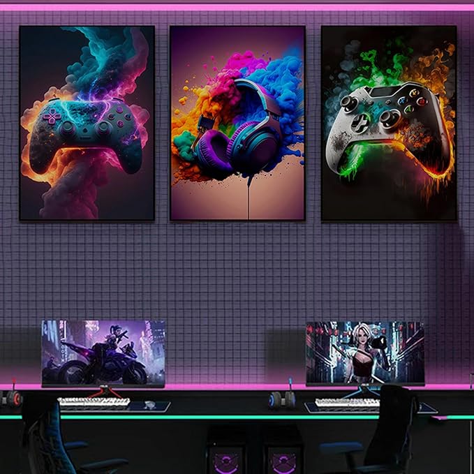 BGFCE Gaming Room Decor Wall Art, Video Theme Canvas Posters for Teen Boys Room, Unframed 16x24in Set of 3