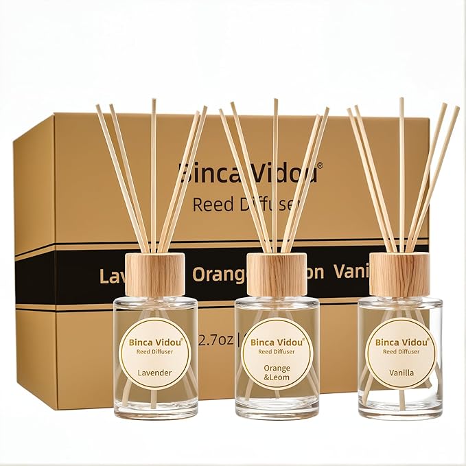 Reed Diffuser Set, Binca Vidou Lavender Vanilla Orange & Lemon Natural Scent Oil Diffusers with Sticks for Home Office Bathroom Aromatherapy Decor 2.7oz x 3