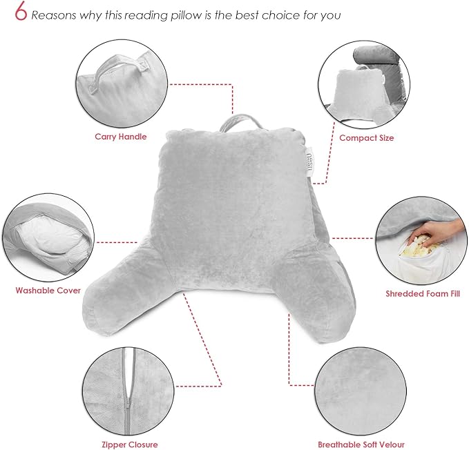Nestl Reading Pillow for Kids & Teens with Shredded Memory Foam, Backrest Pillows for Reading, Watching, and Gaming, Use on The Couch, Bed, or Floor, Adjustable Support with Washable Cover Light Grey