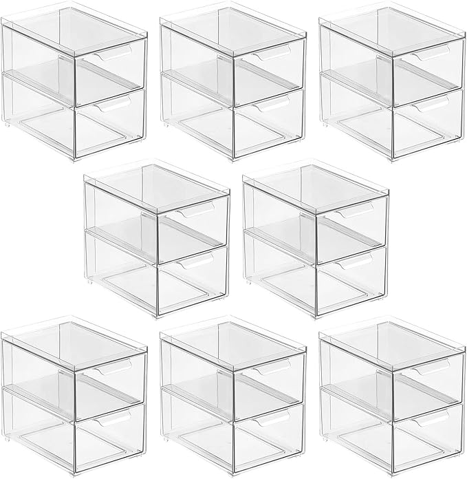 mDesign Stackable Storage Containers Box with 2 Pull-Out Drawers - Stacking Plastic Drawer Bins for Master or Guest Bathroom, Linen Closet, Vanity, or Makeup Table - Lumiere Collection - 8 Pack, Clear