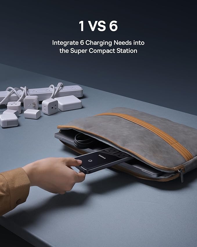 Baseus Blade Charging Station 140W, 6-in-1 Compact USB C Power Strip with 5ft Detachable Flat Extension Cord, Digital Display, Slim Fast Desktop Charger for Work and Travel (Not a Portable Battery)