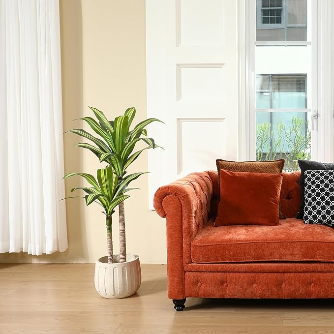 Artificial Plants, 4 Ft Dracaena Tree Faux Plants Indoor Outdoor Decor Fake Tree with Woven Seagrass Basket Plants for Home Decor Office Living Room Porch Patio Perfect Housewarming Gift