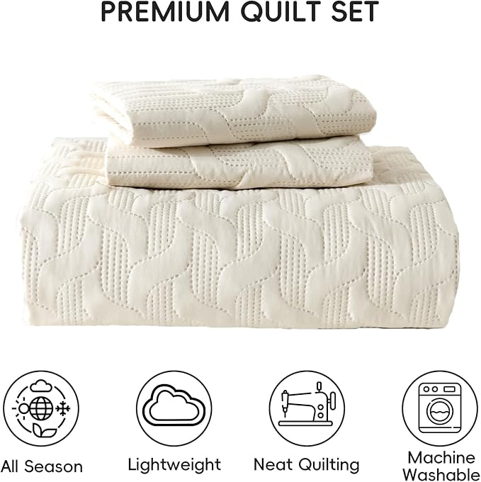 Yiran California King Size Beige Quilt Set Lightweight Oversized Bedspread Ultrasonic Wave Pattern Soft Microfiber Summer Coverlet Modern Style 3 Piece with 2 Pillow Shams (112x104 inch)