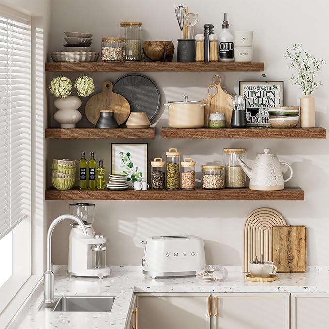 Heimlove 48W x 12D Long Floating Shelf, 12 Inch Deep Floating Shelves for Wall Set of 2, Wood Shelves for Bedroom Living Room Bathroom Kitchen Home Office, Walnut