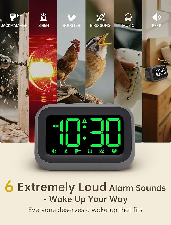 Super Loud Alarm Clock for Heavy Sleepers: 115dB Dual Alarms and 6 Alarm Sounds for Bedroom - Large Numbers 5 Dimmers for All Ages Green Digits