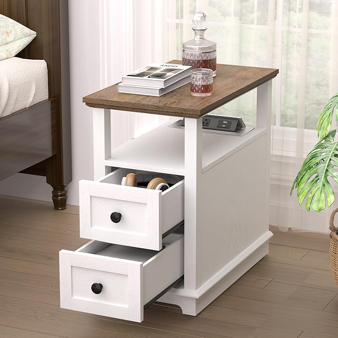 HIFYOBRO End Table with Flip Top Charging Station Set of 2, White Side Table with 2 Drawers, Type-C & USB Port & Power outlets, Narrow Wooden Storage Cabinet for Living Room and Bedroom