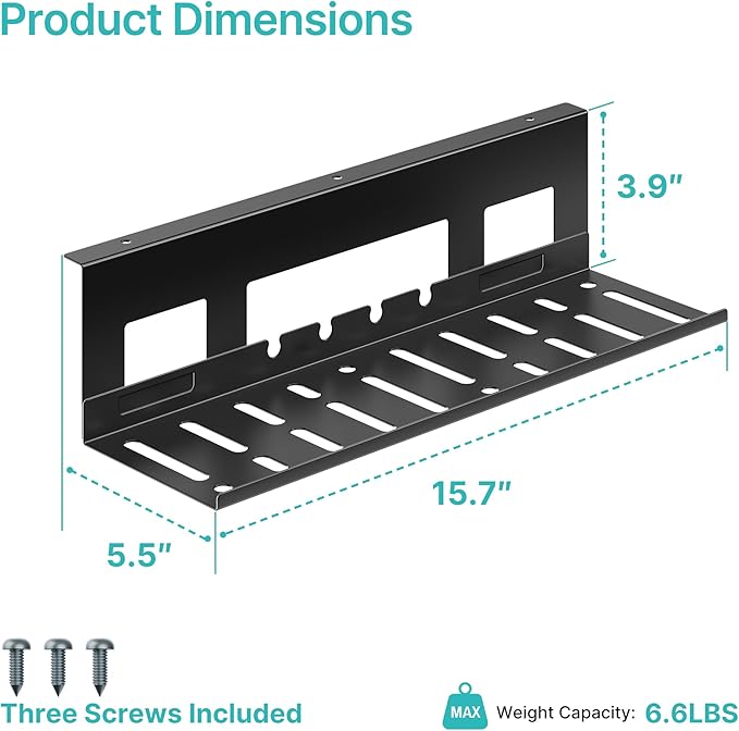 Under Desk Cable Management Tray, 15.7 Inches Metal Cord Organizer Rack, Desk Tray for Power Strip, Cord, Wire, Easy Mounting Cable Management Under Table for Home Office, Black