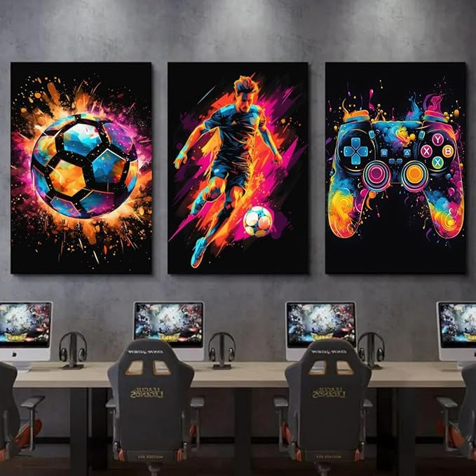 BGFCE Gaming Canvas Wall Art Decor, Paintings Art Game Controller Color Splash Ink Prints Painting, Posters for Room Aesthetic, Soccer Canvas Wall Art for Boys Room Decor 12x16 - Set of 3 Framed