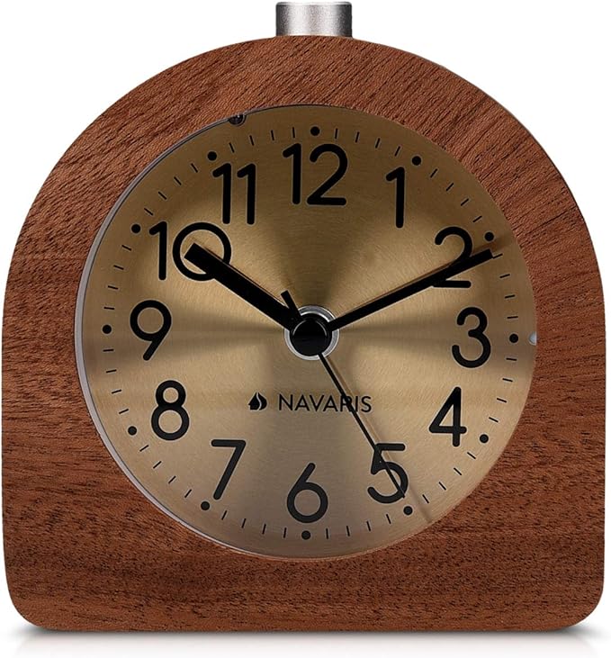 Navaris Wood Analog Alarm Clock - Half-Round Gold Face Battery-Operated Non-Ticking Clock with Snooze Button and Light - Dark Brown