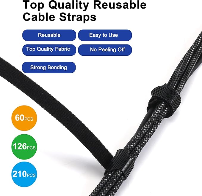 Reusable Cable Ties, 126 PCS 6 Inches Adjustable Cord Straps Wire Organizer Cord Wrap and Hook Loop Cable Management