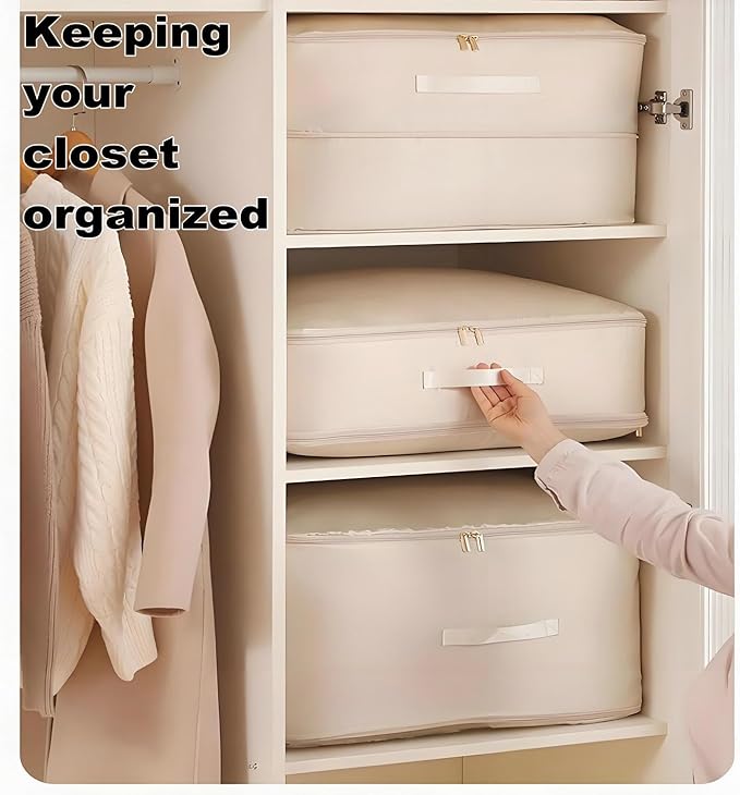 Ultra Space Saving Self Compression Organizer, 2025 New Large Capacity Storage Bag, Thick Satin Fabric Heavy Duty Bags for Comforters Blankets Bedding Duvet (Beige, Large, 21x17x12in)