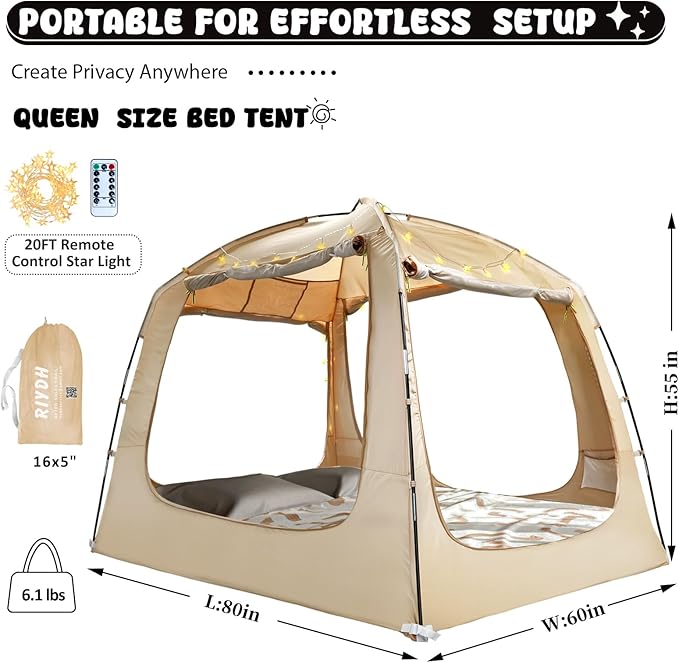 Bed Tent Bed Canopy Breathable 100% for Adult and Kids Light Reduction Sleeping Dream Tents Indoor Portable Big Space with String Light 4 Doors Twin Full Queen King Size