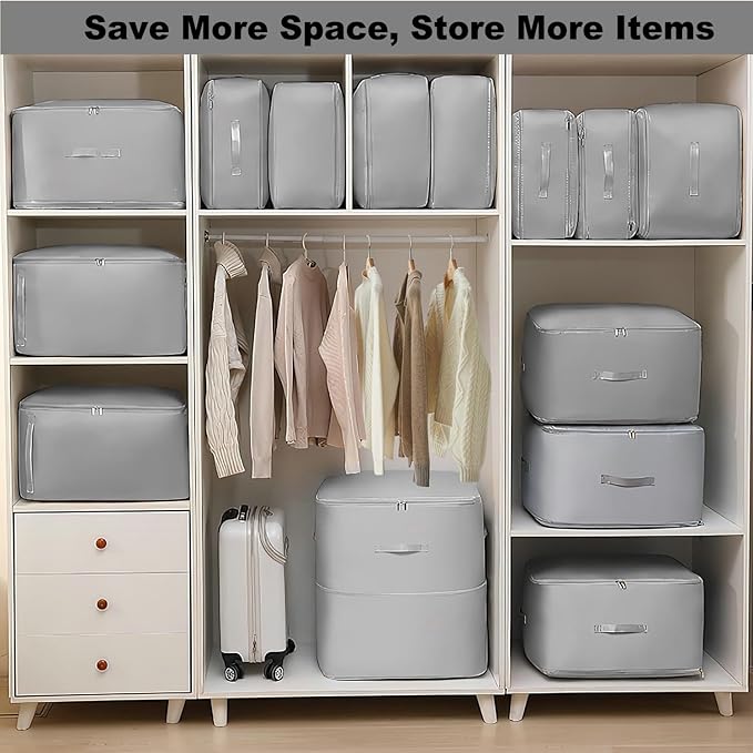 Ultra Space Saving Self Compression Organizer, 3-Layer Zipper Large Capacity Storage Bag, Thick Satin Fabric Heavy Duty Bags for Comforters Blankets Bedding Duvet (Gray, X-Large, 2PCS)