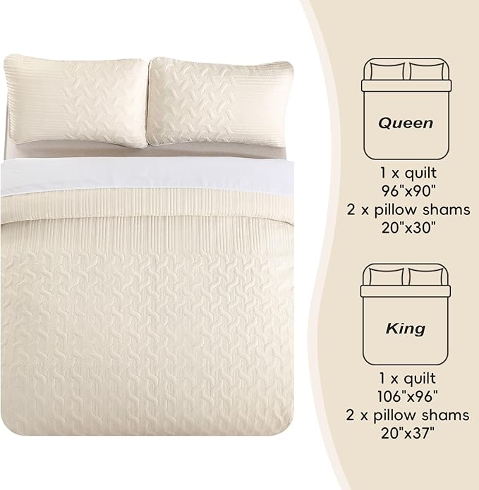 Yiran Beige Quilt Set Queen Size Lightweight Bedspread Ultrasonic Wave Pattern Soft Microfiber Coverlet for All Season Modern Style 3 Piece Bed Cover Sets with 2 Pillow Shams (96"x90")