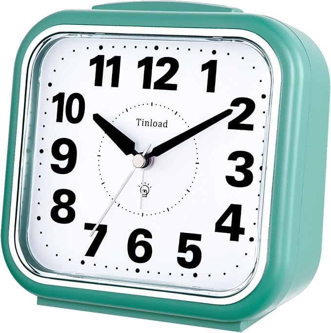 5.5" Large No Ticking Analog Alarm Clock,Silent Readable for Seniors,Easy to Set,Gradual Rise Alarm,Big Numbers,Gentle Wake,Snooze, Lighted on Demand,Battery Operated,Green