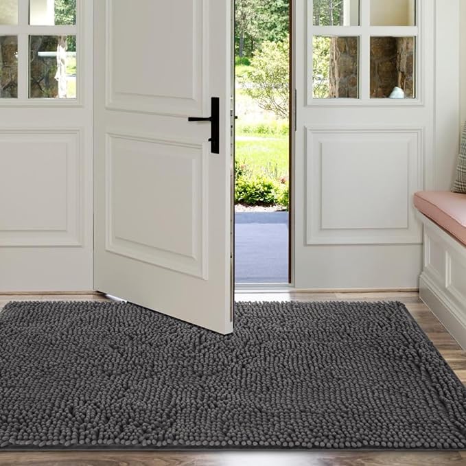 Dog Door Mat for Muddy Paws, 96" x 48" Chenille Absorbent Front Door Mat Inside, Large Runner Mud Mat for Dogs, Trap Dirt Washable Non Slip Outdoor Indoor Entrance Doormats, Grey