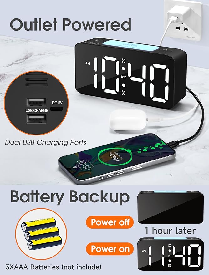 Cadmos Super Loud Alarm Clock for Heavy Sleepers Adults,Digital Clock with 7 Color NightLight,Adjustable Volume,USB Charger,Small Clocks for Bedrooms Bedside,ok to Wake for Kids,Teens (Black+RGB)