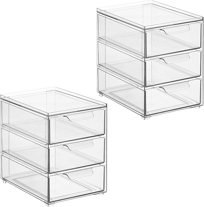 mDesign Plastic Stackable Organizer with 3 Drawers - Pull-Out Drawer Storage Bin for Bathroom Sink/Cabinet Organization - Perfect for Makeup, Small Towels, and More - Lumiere Collection, 2 Pack, Clear