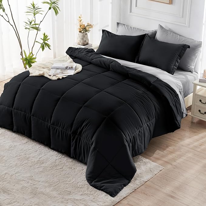 JOLLYVOGUE California King Comforter Set, Ultra-Soft Cal King Bed Comforter Set, 7-Piece Bed in a Bag, Goose Down Alternative, Oeko-TEX Certified, Sheets & Pillowcases, Black & Light Grey