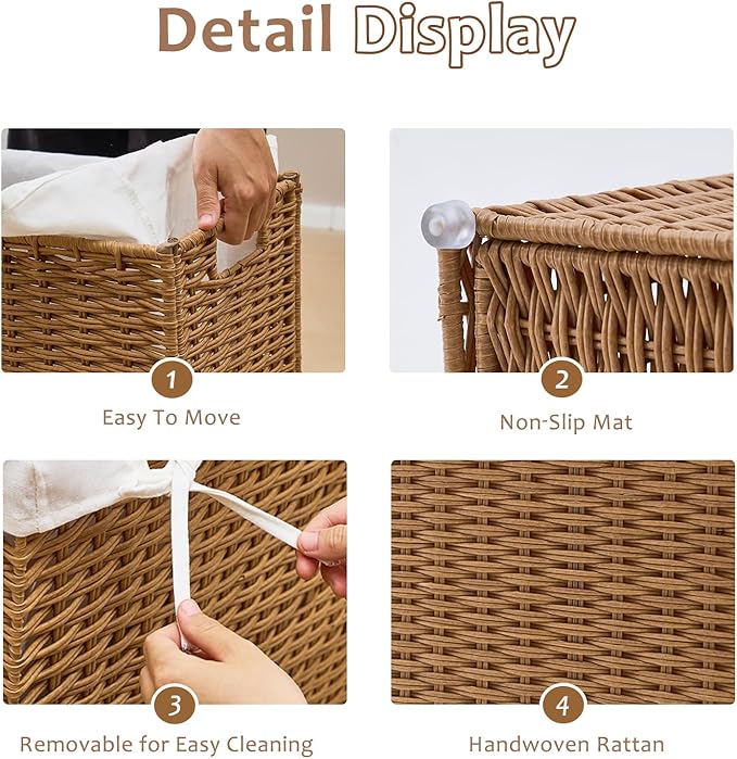 Slim Wicker Laundry Hamper with Lid, 75L Handwoven Rattan Basket with Handles, Narrow Laundry Basket with Removable Liner Bag & 2 Mesh Bags