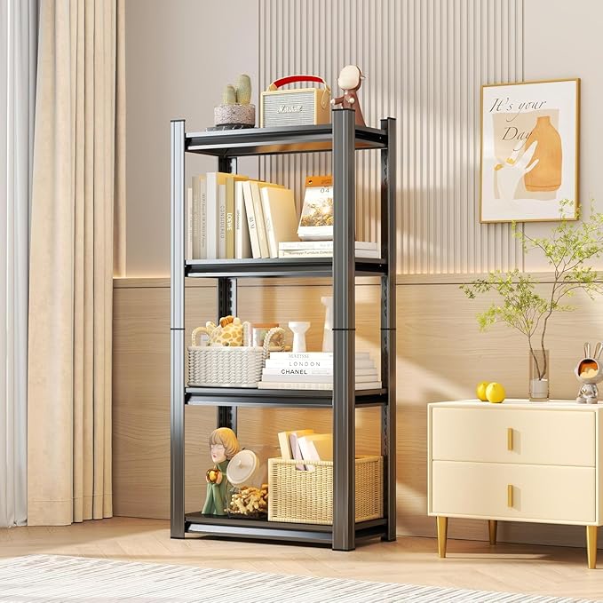 Storage Shelves, Garage Metal Shelving Unit, Adjustable, Double-Layer Column with Reinforced Ribs, Heavy-Duty, Capable of Bearing 600-3600 lbs (Black, 24 * 14 * 54, 4-Tier)